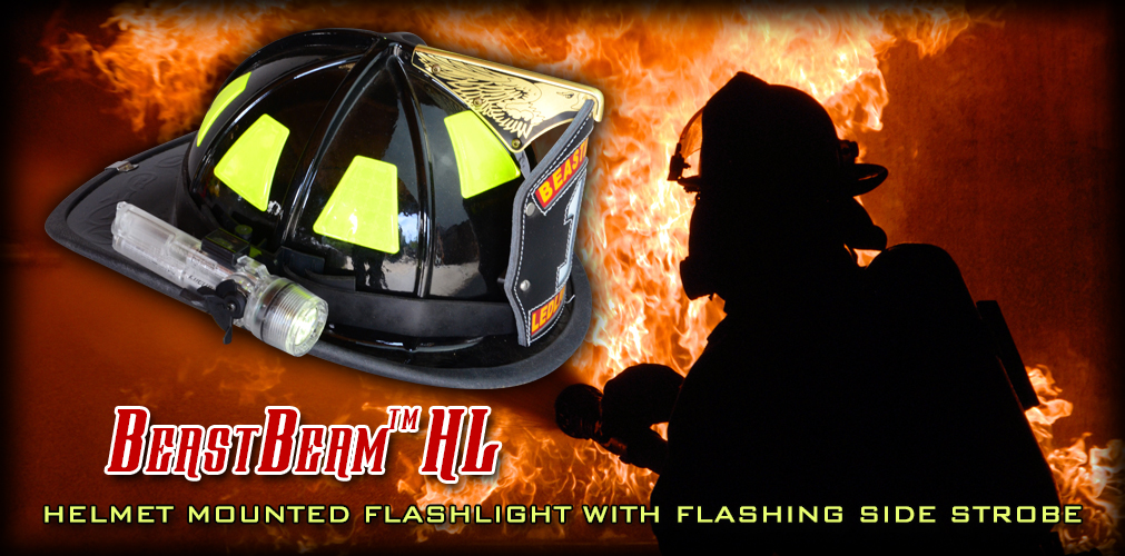 BeastBeam HL Helmet mounted flashlight with flashing side strobe
